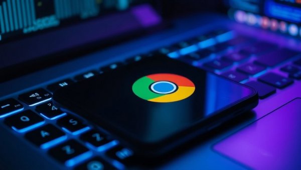 Smartphone with Chrome logo on laptop for AI tools, night scene.