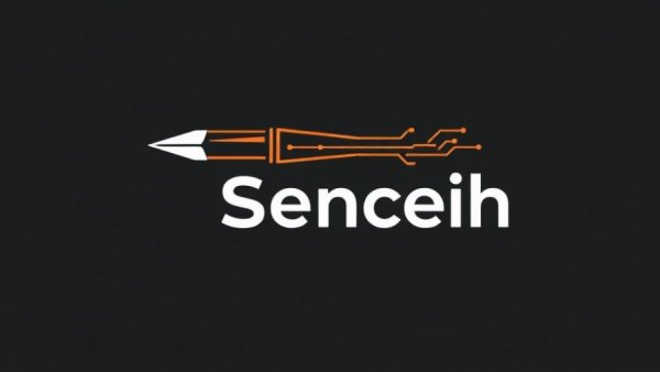 Modern graphic logo depicting stylized pen nib circuitry on orange and black.