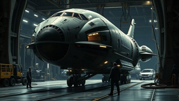 Massive spacecraft transport in facility symbolizing business growth.