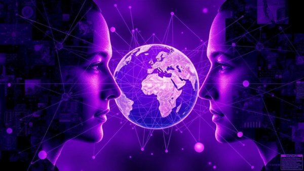 Futuristic digital collage of faces and Earth indicating connectivity with AI tools.