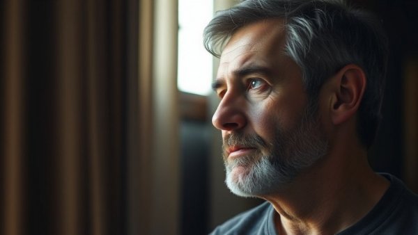 Middle-aged man contemplating AI tools, soft warm lighting.