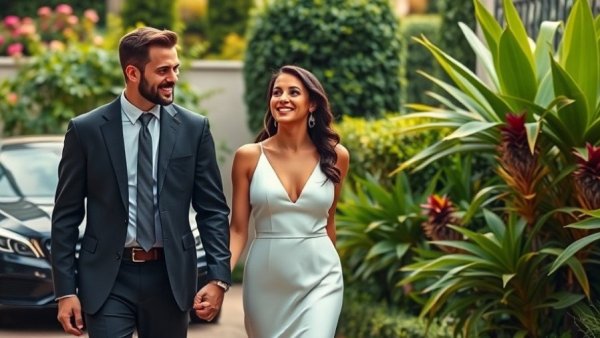 Elegant couple in a garden, walking casually while enjoying the scenery, AI tools