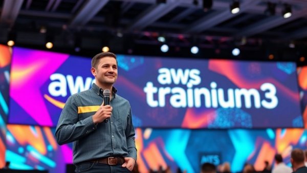 Speaker presenting AWS Trainium3 in a vibrant tech conference setting.