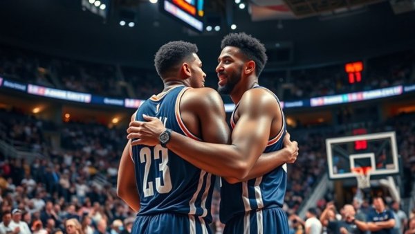 Professional basketball players embrace in a vibrant sports arena