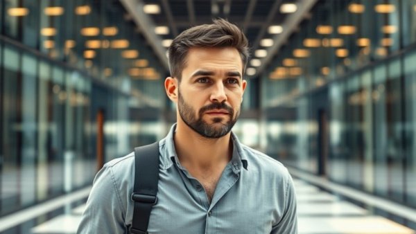 Confident man in modern atrium using AI tools.