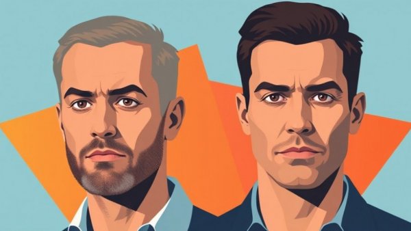 Stylized portraits of two men in graphic design, AI governance theme