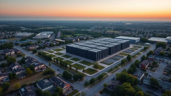 Aerial view of a data center complex at dusk, surrounded by suburban landscape.