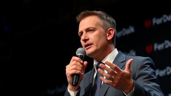 Well-dressed man speaking into a microphone with dynamic hand gesture.