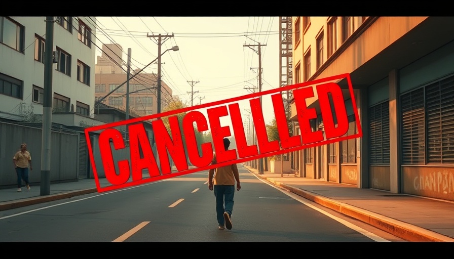 Business growth satire with character in urban street and 'CANCELLED' overlay.