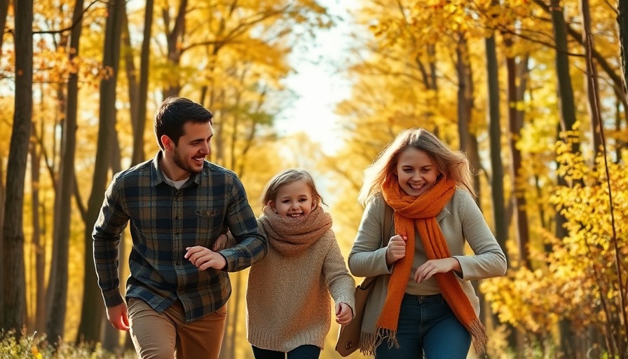 Joyful family walk in autumn forest highlighting the importance of life insurance.