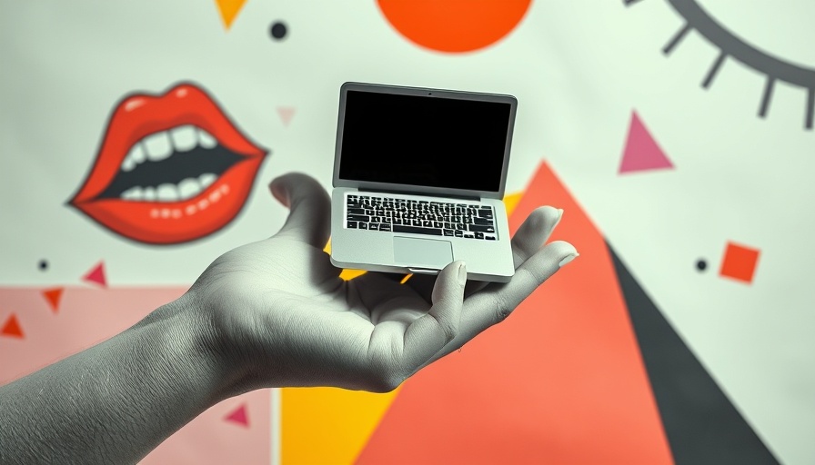 AI chatbots for marketers concept with a hand holding a tiny laptop.
