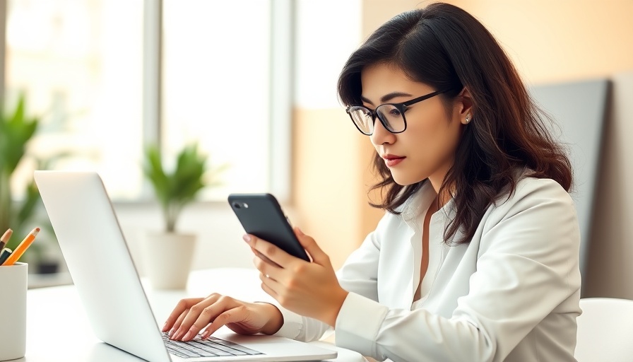 Businesswoman typing on laptop, assessing social media strategy.