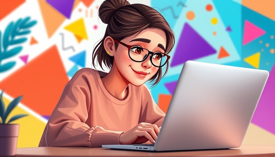 Young woman blogging on laptop, benefits of blogging for business, colorful abstract background.