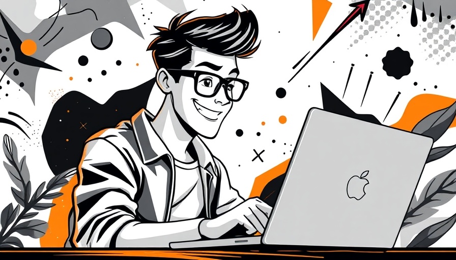 Young man working on laptop with vibrant design backdrop for website redesign strategy.
