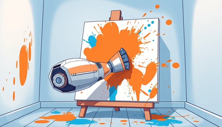 Futuristic robotic arm using AI tools to paint on a canvas.