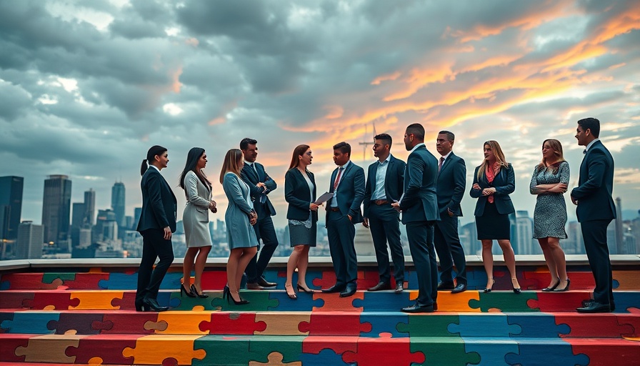 Diverse business professionals on puzzle stairs in a city, symbolizing business structures for entrepreneurs.
