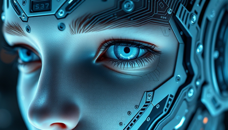 AI future: humanoid face with circuitry and focused blue eye
