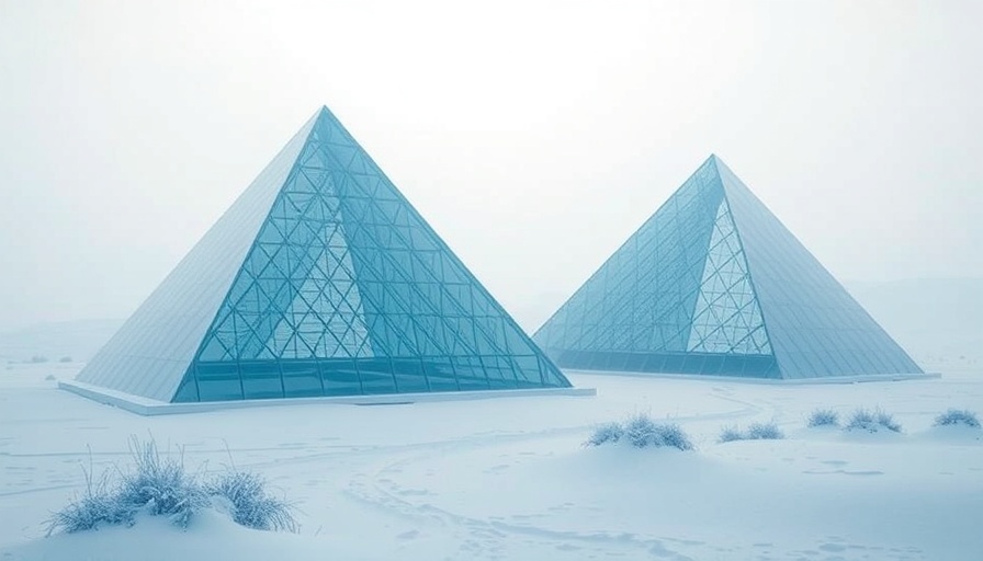 Futuristic glass pyramids in snowy landscape; serene, diffuse lighting.