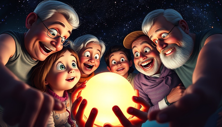 A multigenerational family gathered around a glowing orb representing the AI future.