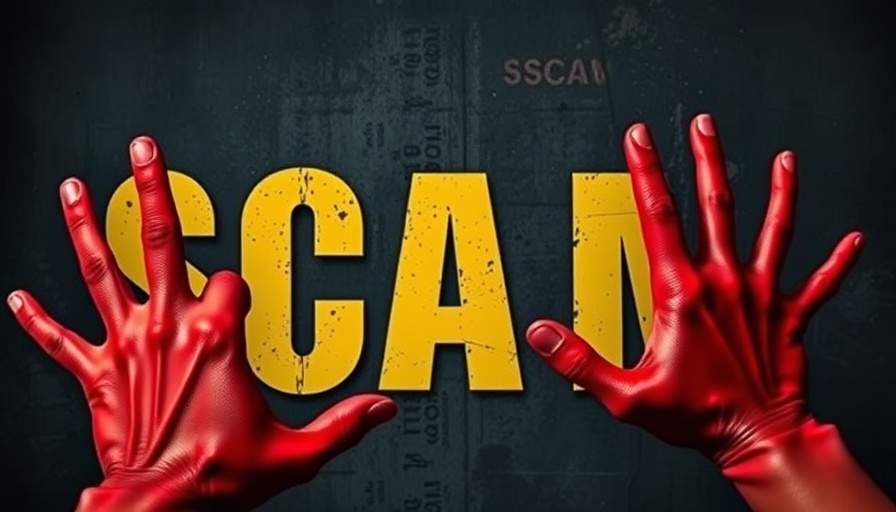 Grungy 'SCAM' text with reaching red hands against dark background.