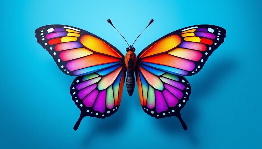 Geometric butterfly symbolizing transformational growth on blue background.