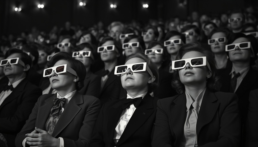 Vintage crowd in 3D glasses, engaged in leadership development talk.