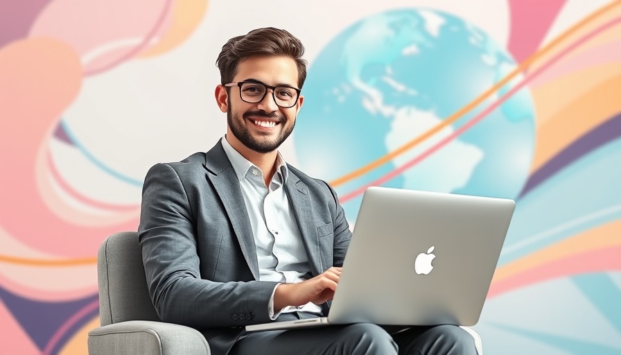 Professional using laptop with abstract design background, illustrating HTML CSS and JavaScript in web design.