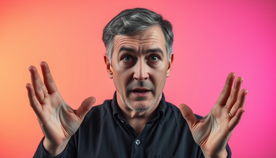 Middle-aged man gesturing in front of colorful gradient, AI tools context.