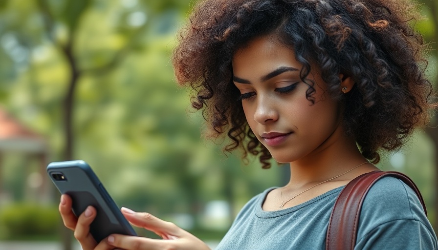 Young woman checking smartphone, illustrating consumer search behavior.