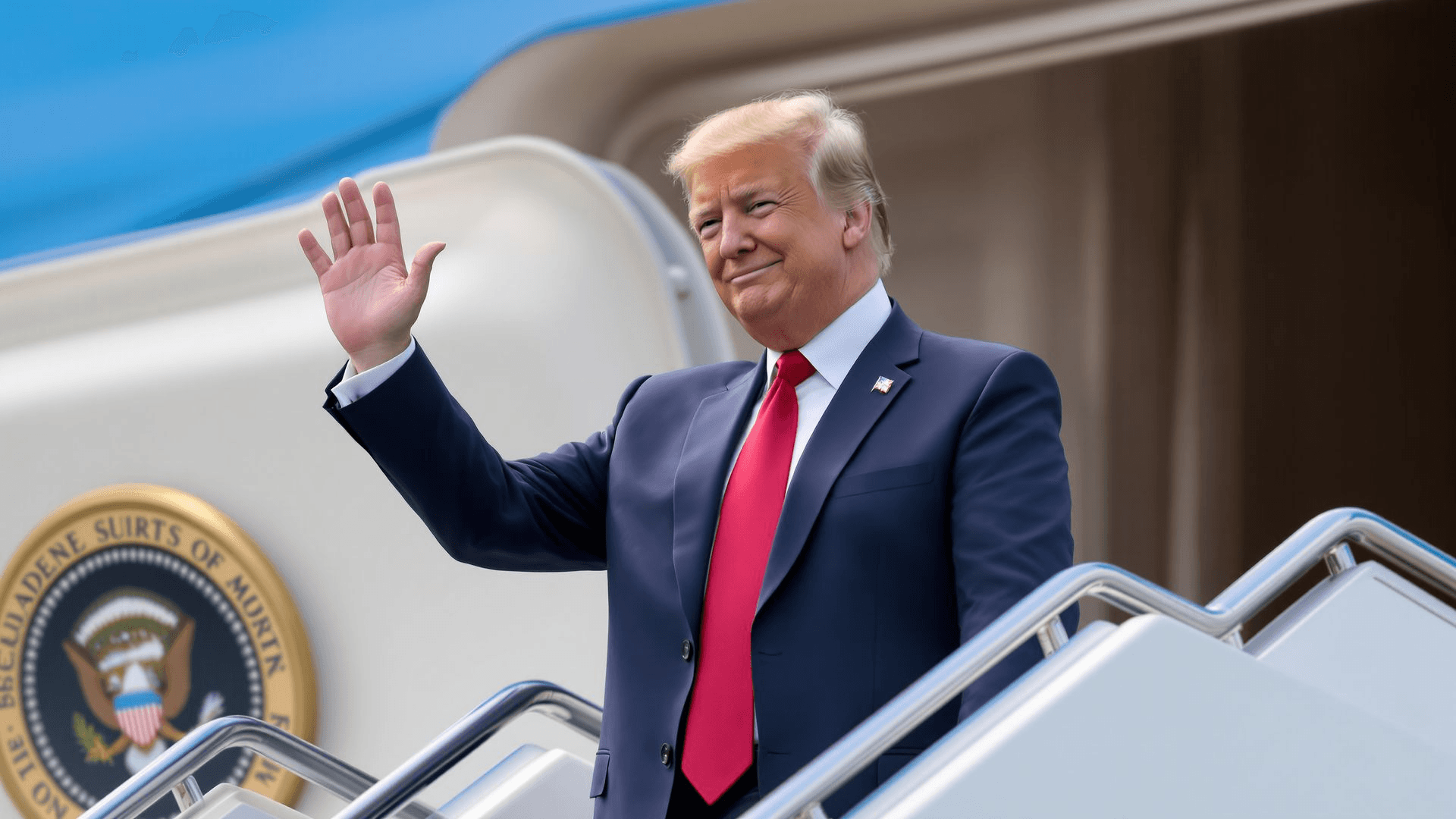 Confident person exiting presidential helicopter with patriotic symbolism.
