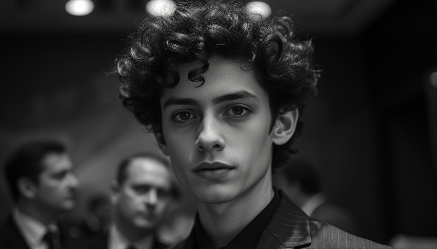 Black and white formal portrait in cinematic style.