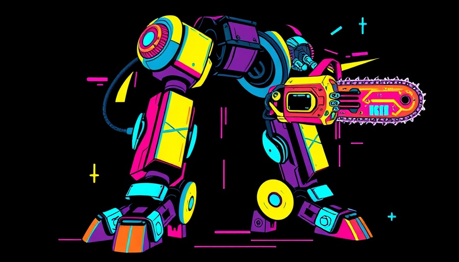 Vibrant robotic and chainsaw design, AI tools concept.