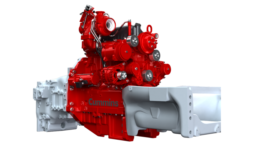 Bright red Cummins 4.5 structural engine for tractors, detailed view.