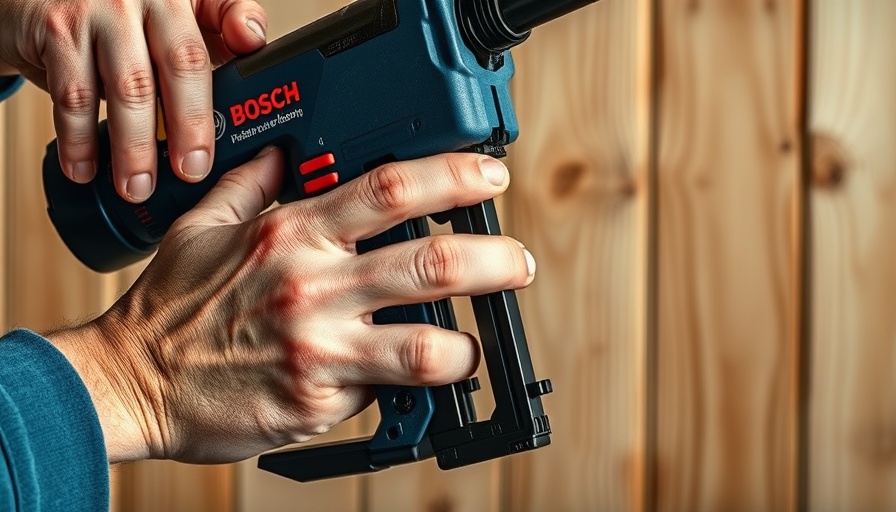 Close-up of Bosch 18V nail gun in action against a wooden panel.