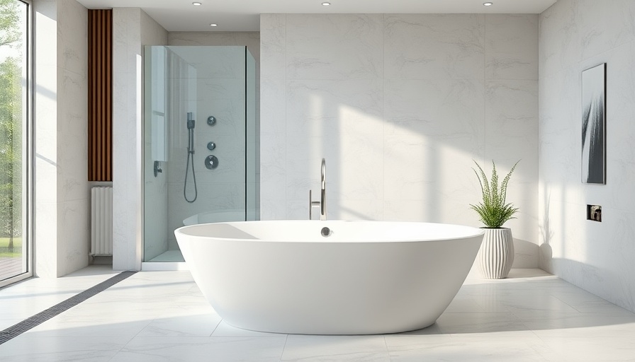 Modern bathroom with heated flooring investment, featuring white bathtub.