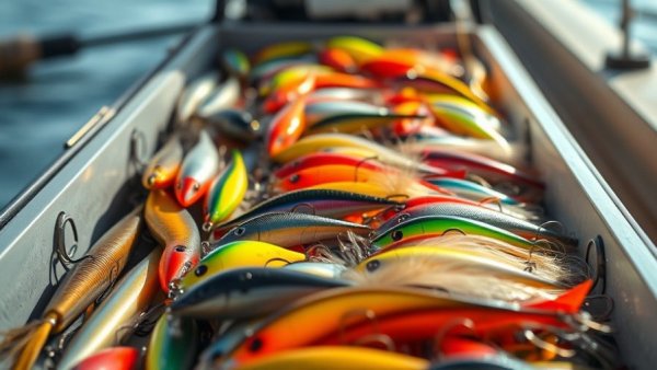 Plano EDGE Hard Minnow Box filled with colorful lures on a boat.