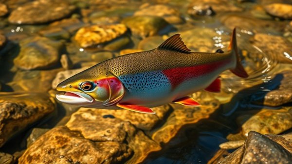 Trout swimming in stream; fish poisoning impact in Montana wilderness.