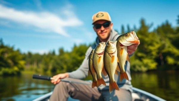 Fisherman showcasing must-have baits for bass fishing on a boat.