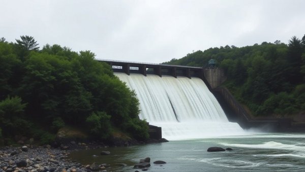 Cascading dam water with lush greenery by rocky shore.