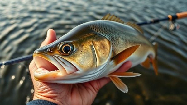 Fall Swimbait Strategies: Fish and swimbait close-up with rod near lake.
