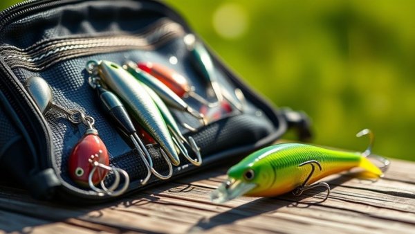 Fishing tackle bag with metal lures for stripers in the surf, outdoor.