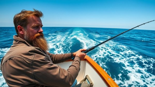 Man fishing on a small boat with ocean backdrop for fishing news