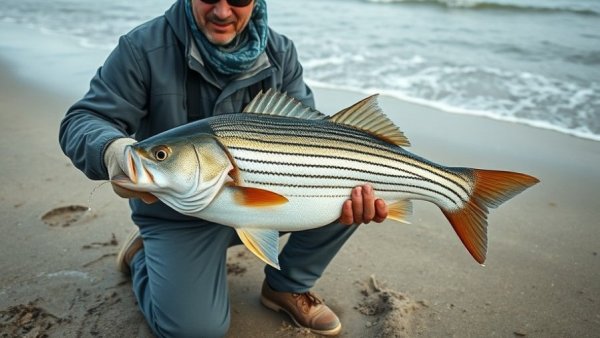 Fisherman on Long Island beach holding striped bass during fall.
