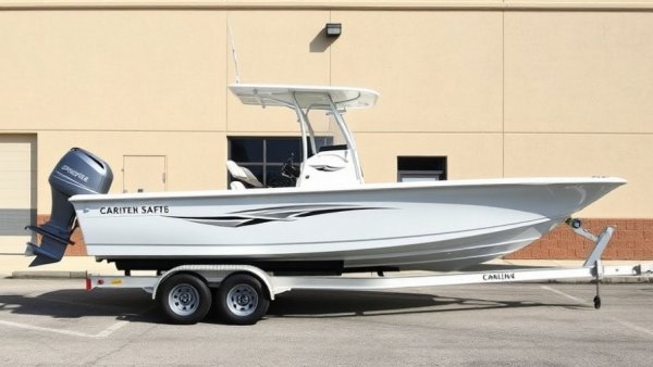 2016 Carolina Skiff 178 DLX on a trailer outside a building.