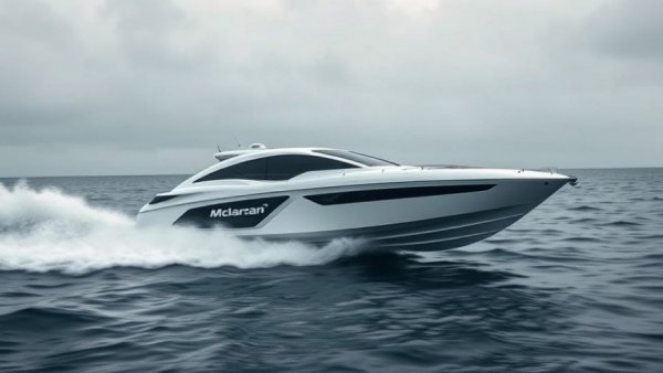 McLaren M300 Outboard boat speeding on ocean with dynamic spray.