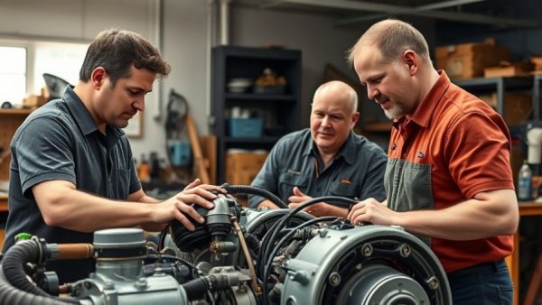 Men discussing marine service opportunities around an engine in a workshop.