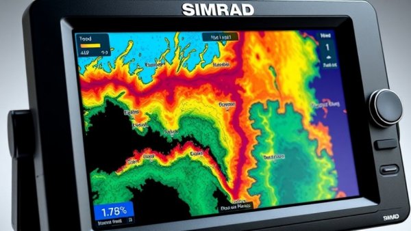 Simrad display showing fishing forecasts with vibrant map.