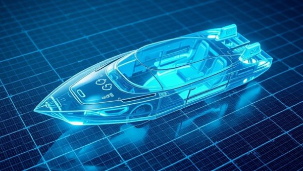Futuristic holographic boat concept displaying autonomous boating technologies.
