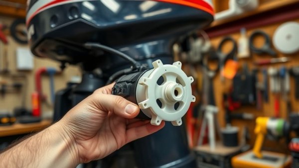 Close-up of outboard water pump replacement in a garage setting.