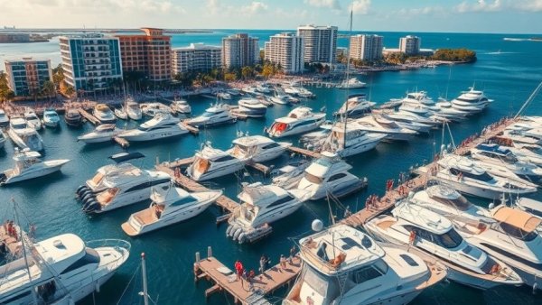 Aerial view of fishing boats at Fort Lauderdale Boat Show, sunny day.